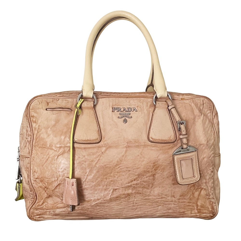 Prada custom pink antique nappa leather tricolor satchel Bauletto bag - Picture 1 of 16